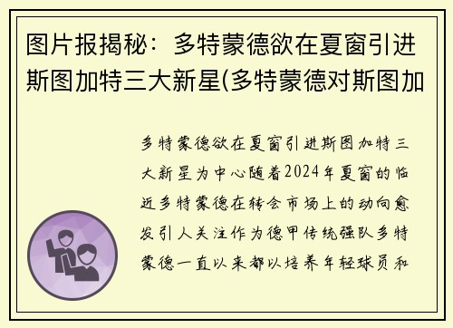 图片报揭秘：多特蒙德欲在夏窗引进斯图加特三大新星(多特蒙德对斯图加特聚胜顽球汇)