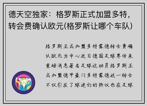 德天空独家：格罗斯正式加盟多特，转会费确认欧元(格罗斯让哪个车队)