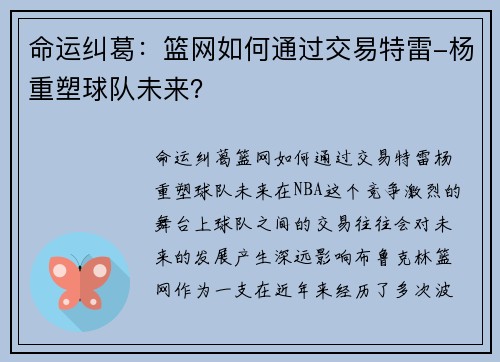命运纠葛：篮网如何通过交易特雷-杨重塑球队未来？