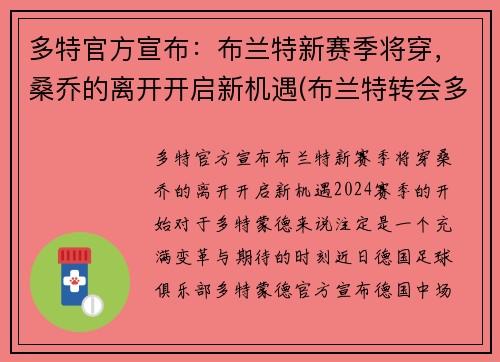 多特官方宣布：布兰特新赛季将穿，桑乔的离开开启新机遇(布兰特转会多特蒙德)