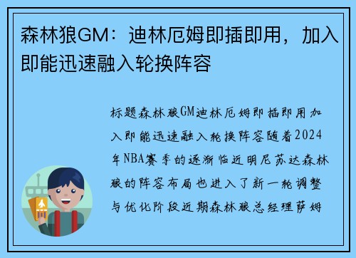 森林狼GM：迪林厄姆即插即用，加入即能迅速融入轮换阵容
