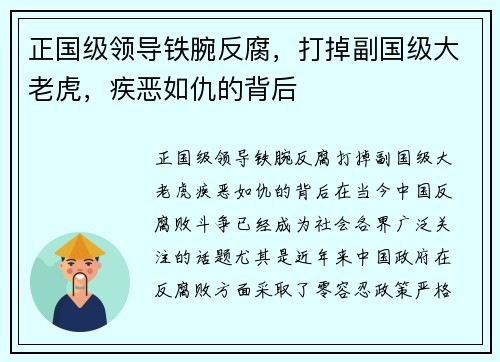 正国级领导铁腕反腐，打掉副国级大老虎，疾恶如仇的背后