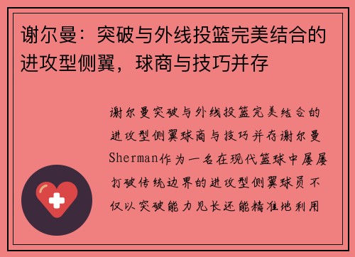 谢尔曼：突破与外线投篮完美结合的进攻型侧翼，球商与技巧并存