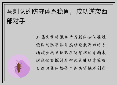 马刺队的防守体系稳固，成功逆袭西部对手
