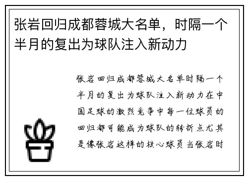 张岩回归成都蓉城大名单，时隔一个半月的复出为球队注入新动力
