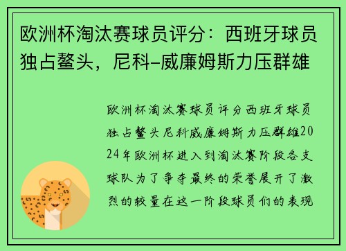 欧洲杯淘汰赛球员评分：西班牙球员独占鳌头，尼科-威廉姆斯力压群雄