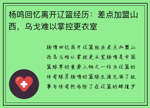 杨鸣回忆离开辽篮经历：差点加盟山西，乌戈难以掌控更衣室