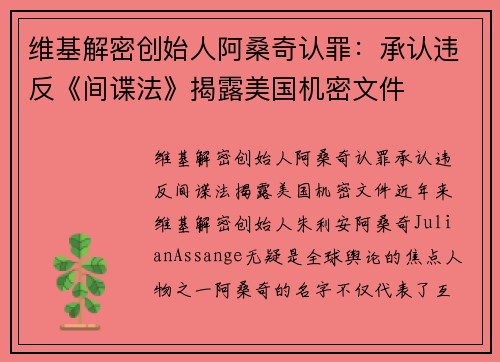 维基解密创始人阿桑奇认罪：承认违反《间谍法》揭露美国机密文件