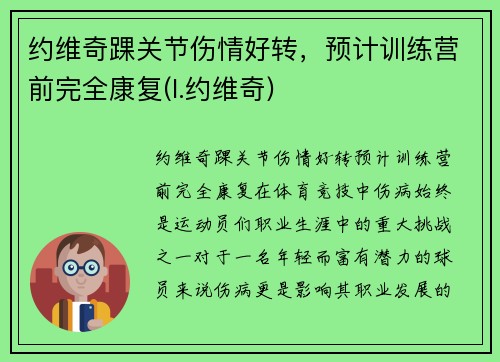 约维奇踝关节伤情好转，预计训练营前完全康复(l.约维奇)
