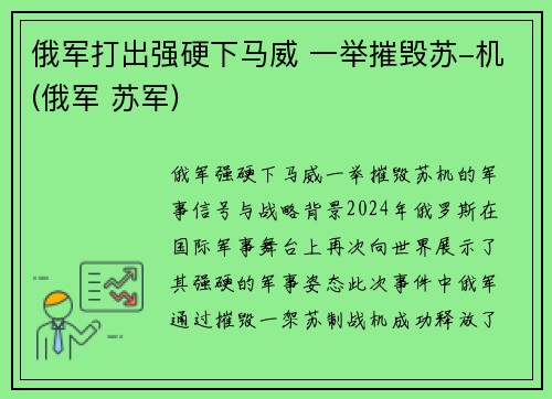 俄军打出强硬下马威 一举摧毁苏-机(俄军 苏军)